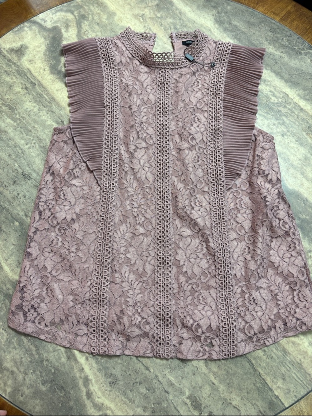 Aqua Mauve Pink Lace Pleated Mock-Neck Camisole